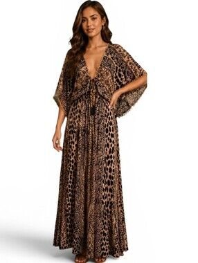 Z&L Made With Love Boho Animal Print Beaded Caftan Maxi Dress M